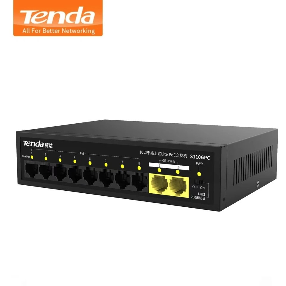 TENDA S110GPC 10 PORT 10/100 8 PORT POE 2 PORT GIGABIT UPLINK YONETILEMEZ DESKTOP SWITCH