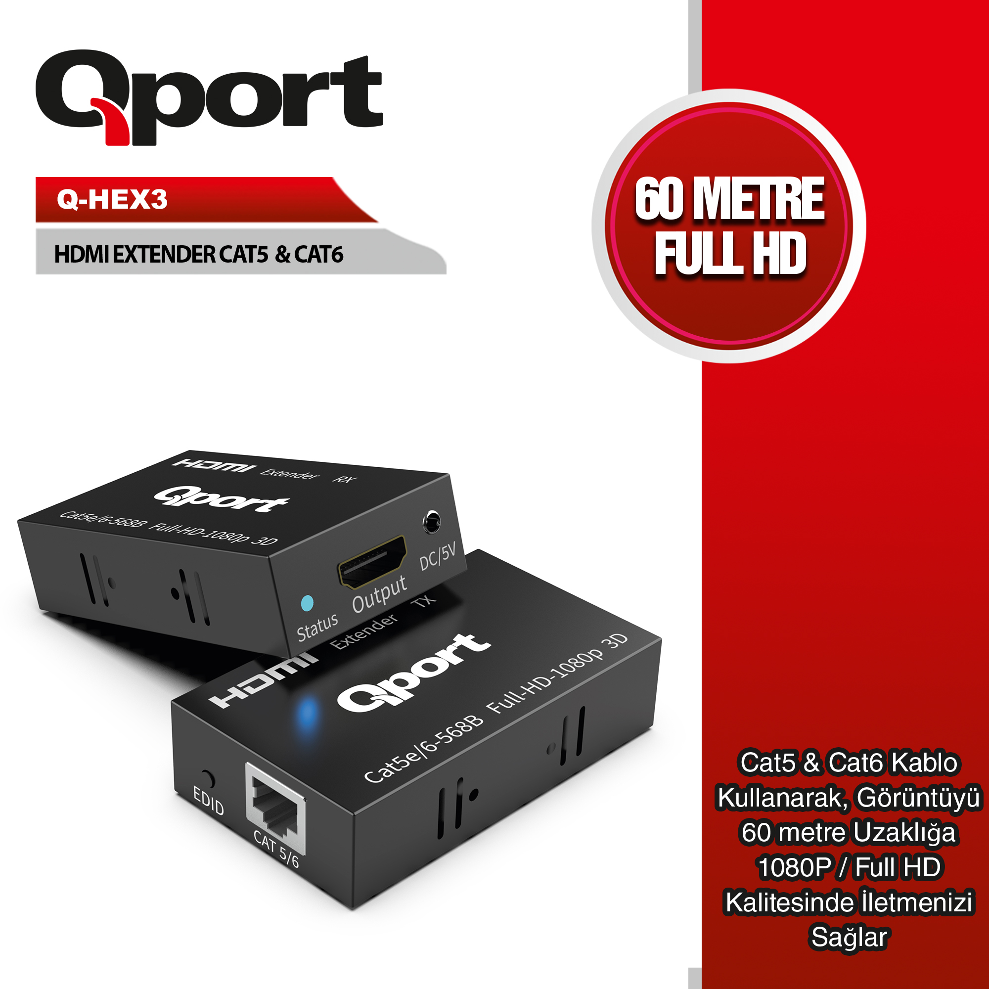 QPORT Q-HEX3 CAT6 60MT (2Lİ) HDMI EXTENDER
