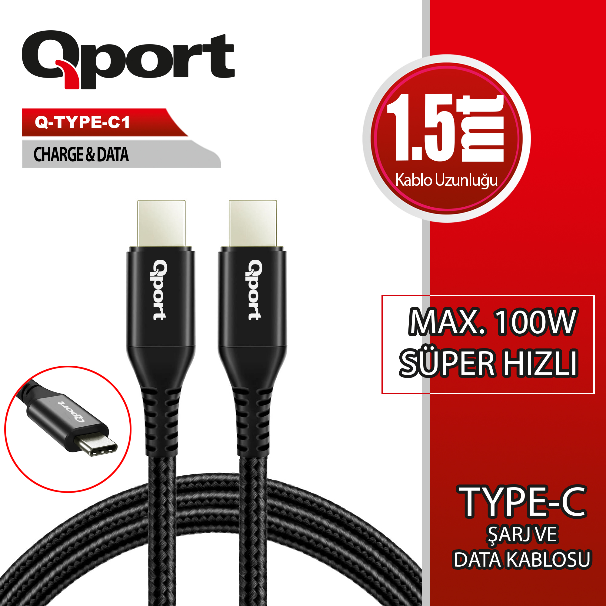 QPORT Q-TYPE-C1 1.5M TYPE-C 100W ŞARJ VE DATA KABLOSU