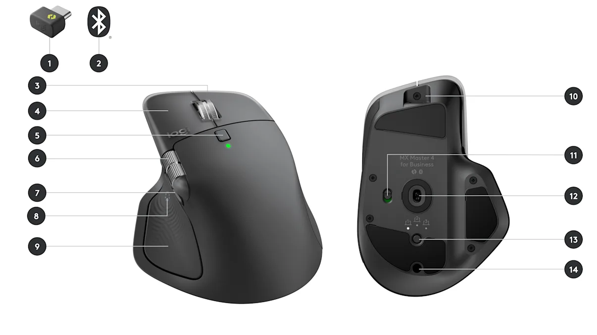 Numaralandırılmış parçalar ve etiketlerle birlikte Logitech MX Master 4 for Business mouse’un üstten ve alttan görünüşünü gösteren çizim